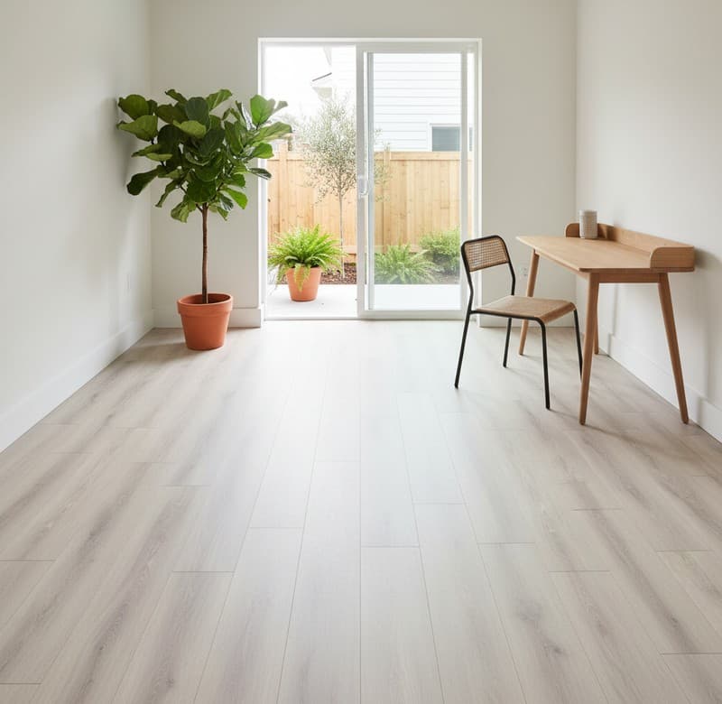 Bright minimalist room with light wood-look flooring