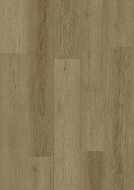 Hyland Clivia SPC vinyl plank flooring, warm taupe-brown with an olive undertone
