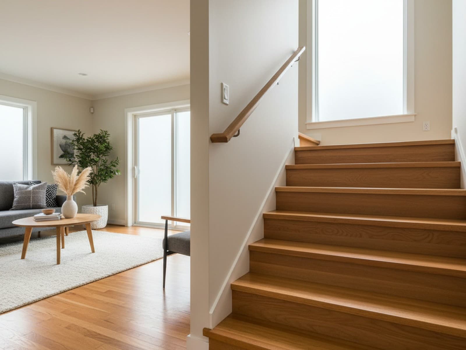 A hallway and staircase finished in warm honey hardwood