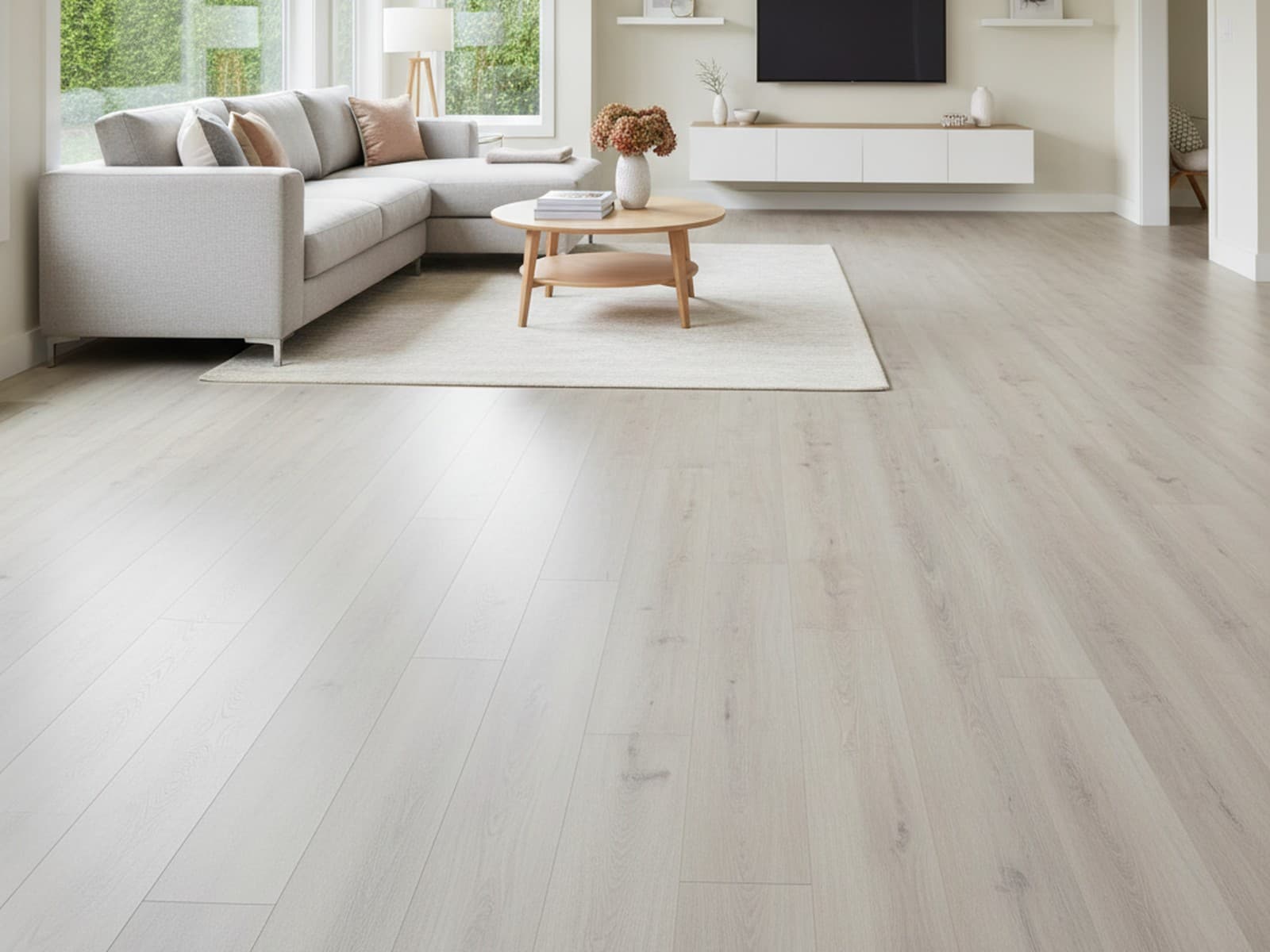 A bright living room finished in light oak laminate