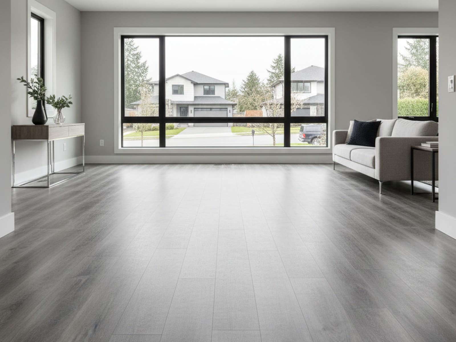 A wide open room finished in grey luxury vinyl plank