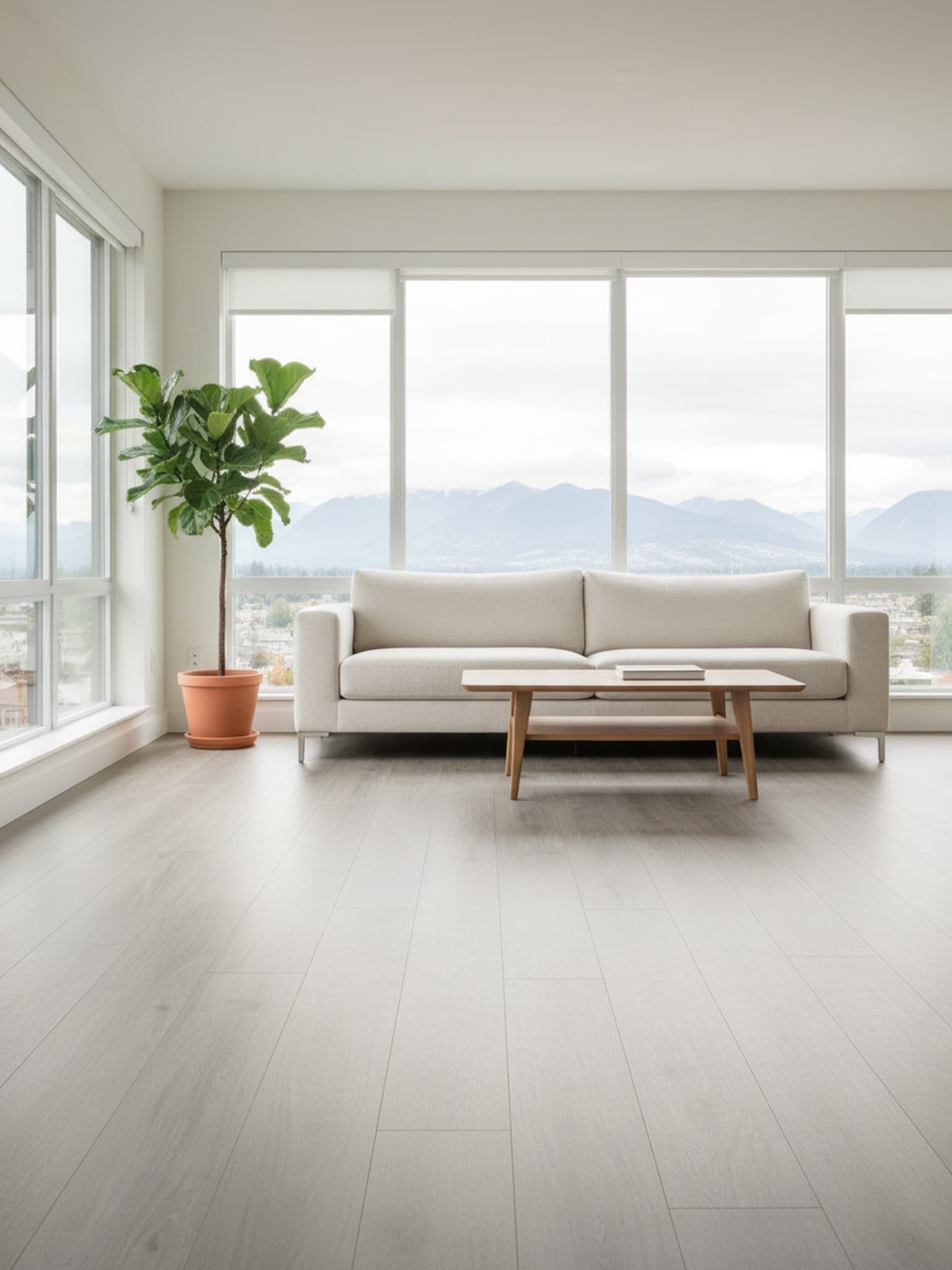 Weathered grey-oak luxury vinyl plank flooring installed in a staged Coquitlam living room