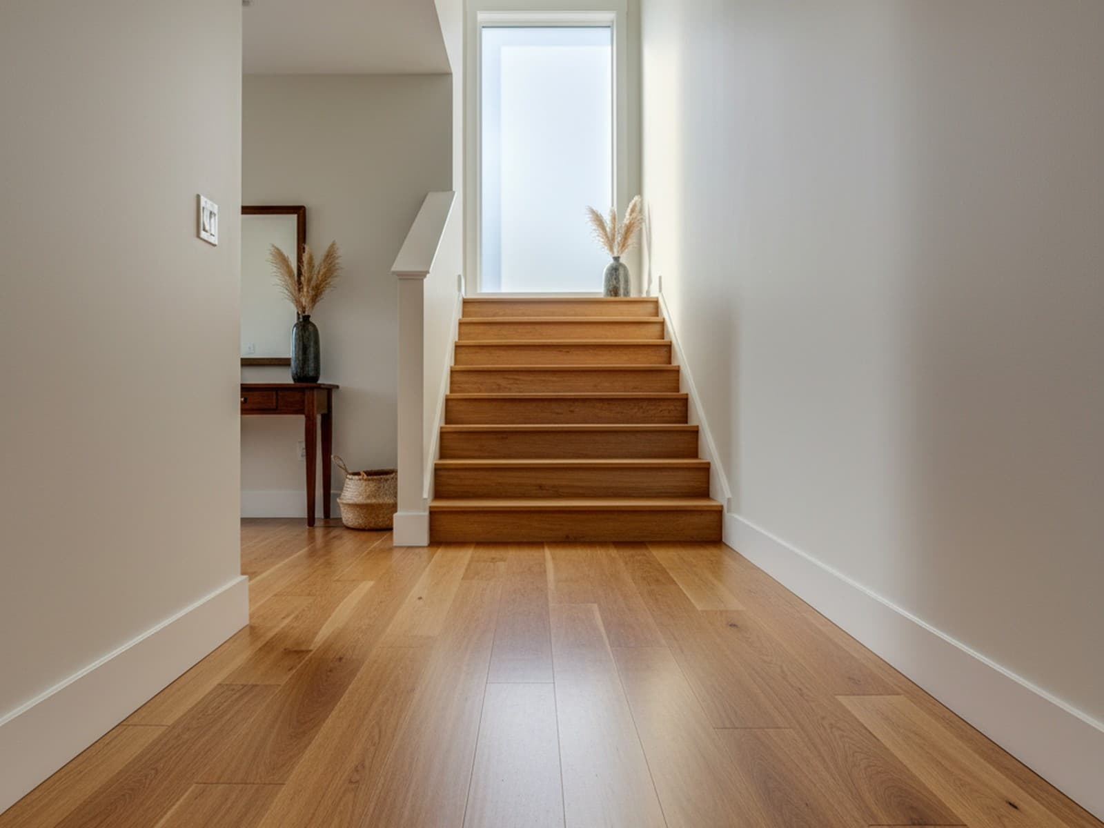 Straight staircase with matching wood treads and risers flowing into the hardwood flooring of a bright hallway